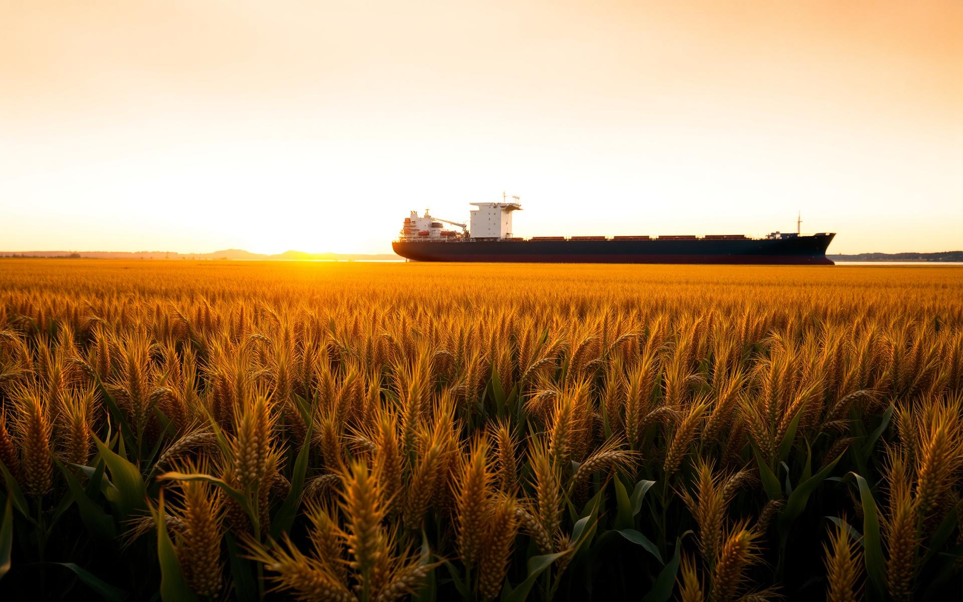 Campo de grãos ao amanhecer com navio graneleiro ao fundo — intermediação de commodities agrícolas da GMS Global