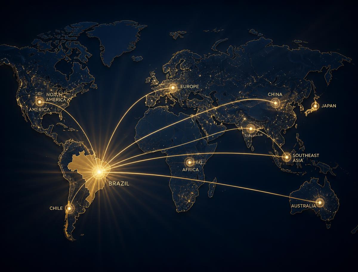 Mapa-múndi com rotas conectando mercados de commodities — rede global da GMS Global